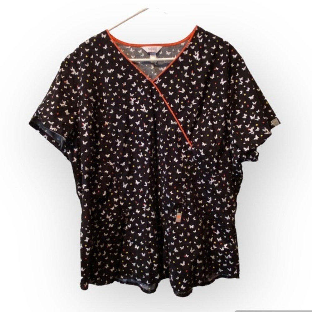Code Happy Scrub Top Women’s‎ 3XL Butterfly Black V Neck Short Sleeves Pockets